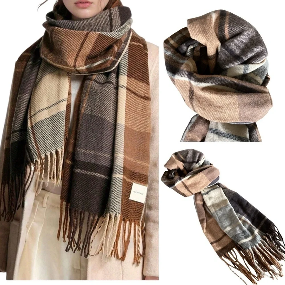 Self Service Plaid Woolen Scarf Shawl Wrap Brown Earth Tones New